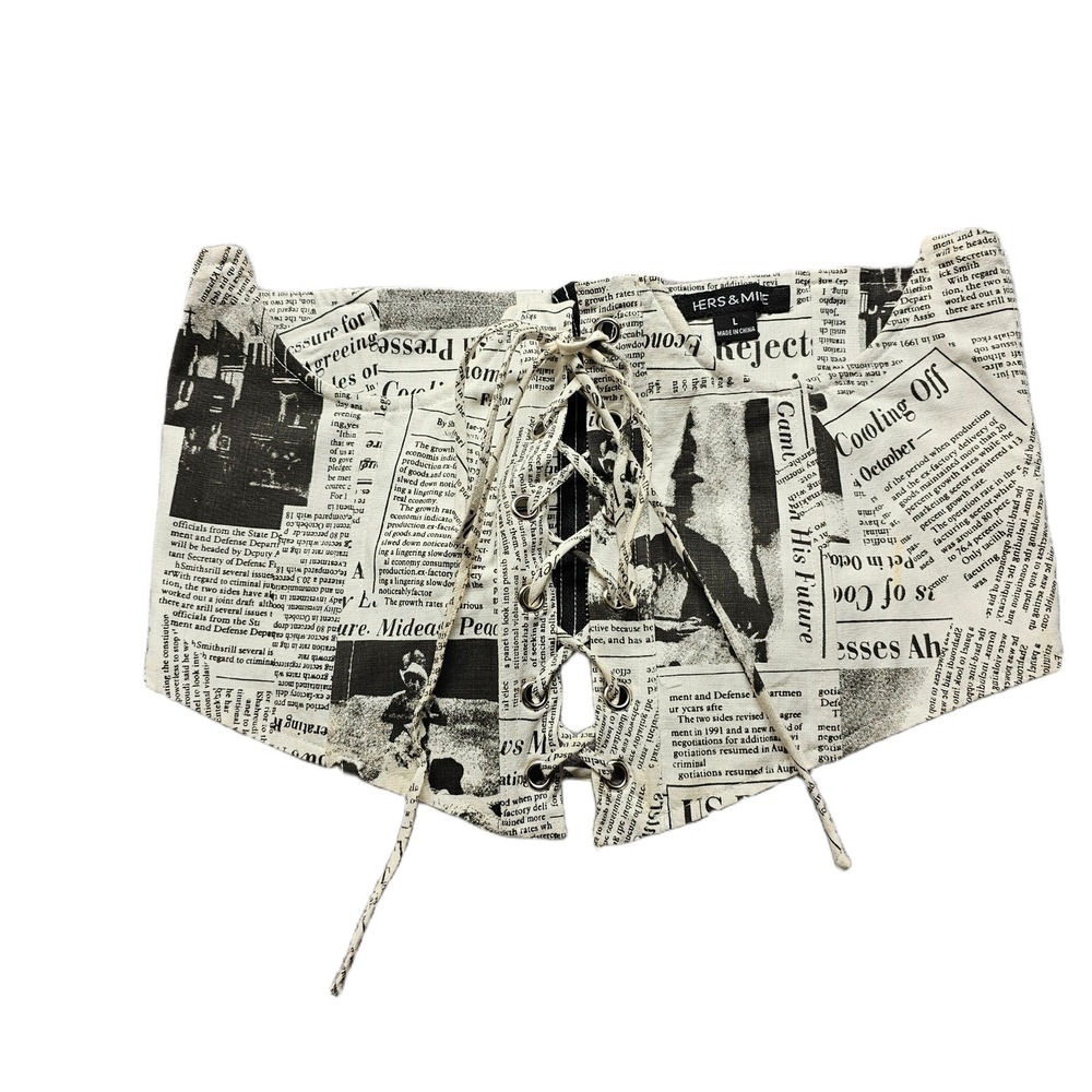 Hers & Mine Corset Belt Womens L Multi Newspaper Print Lace Up Front Back Zip - Picture 1 of 12
